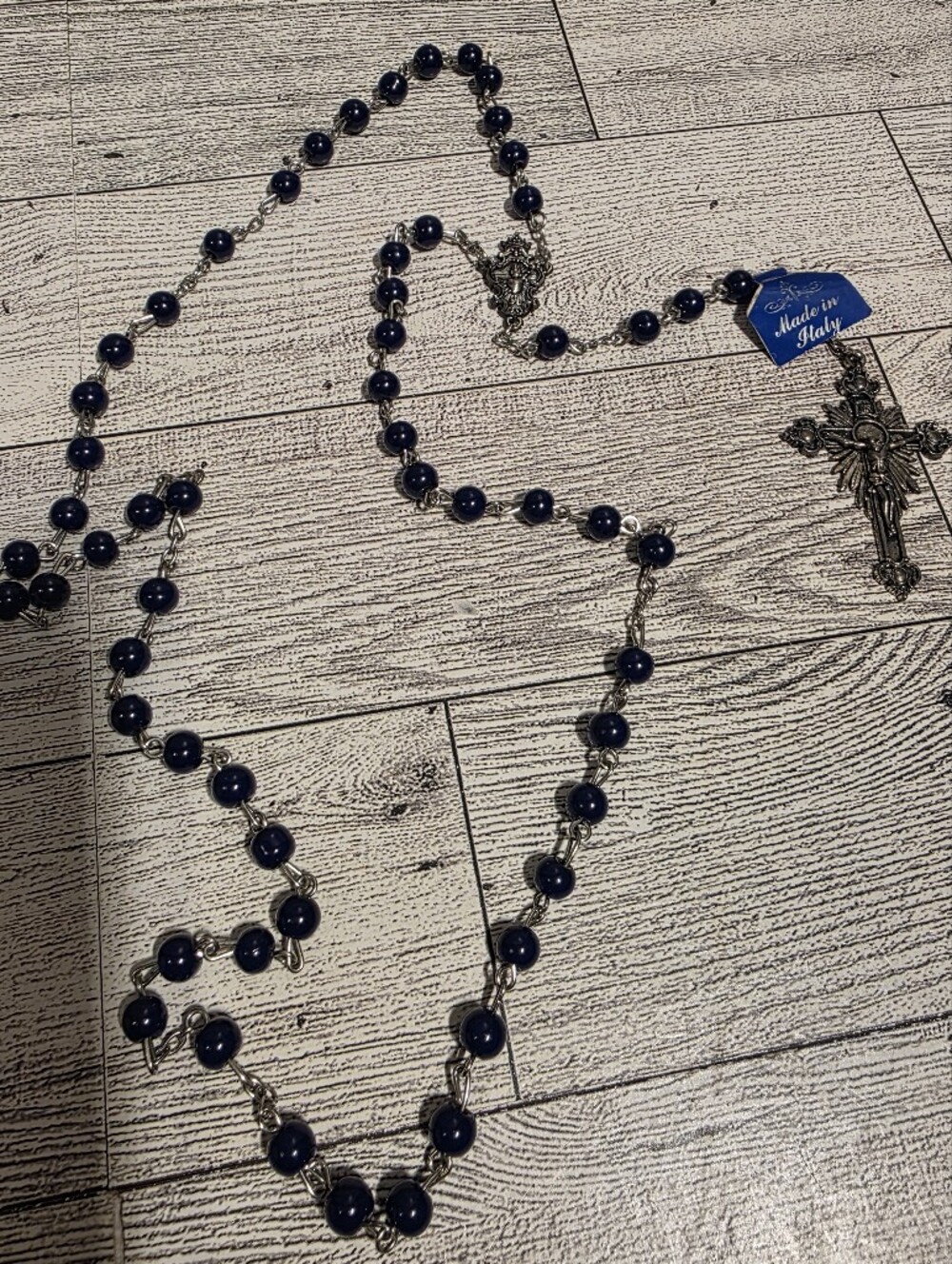 Navy Blue Beaded Rosary Necklace with Silver Crucifix